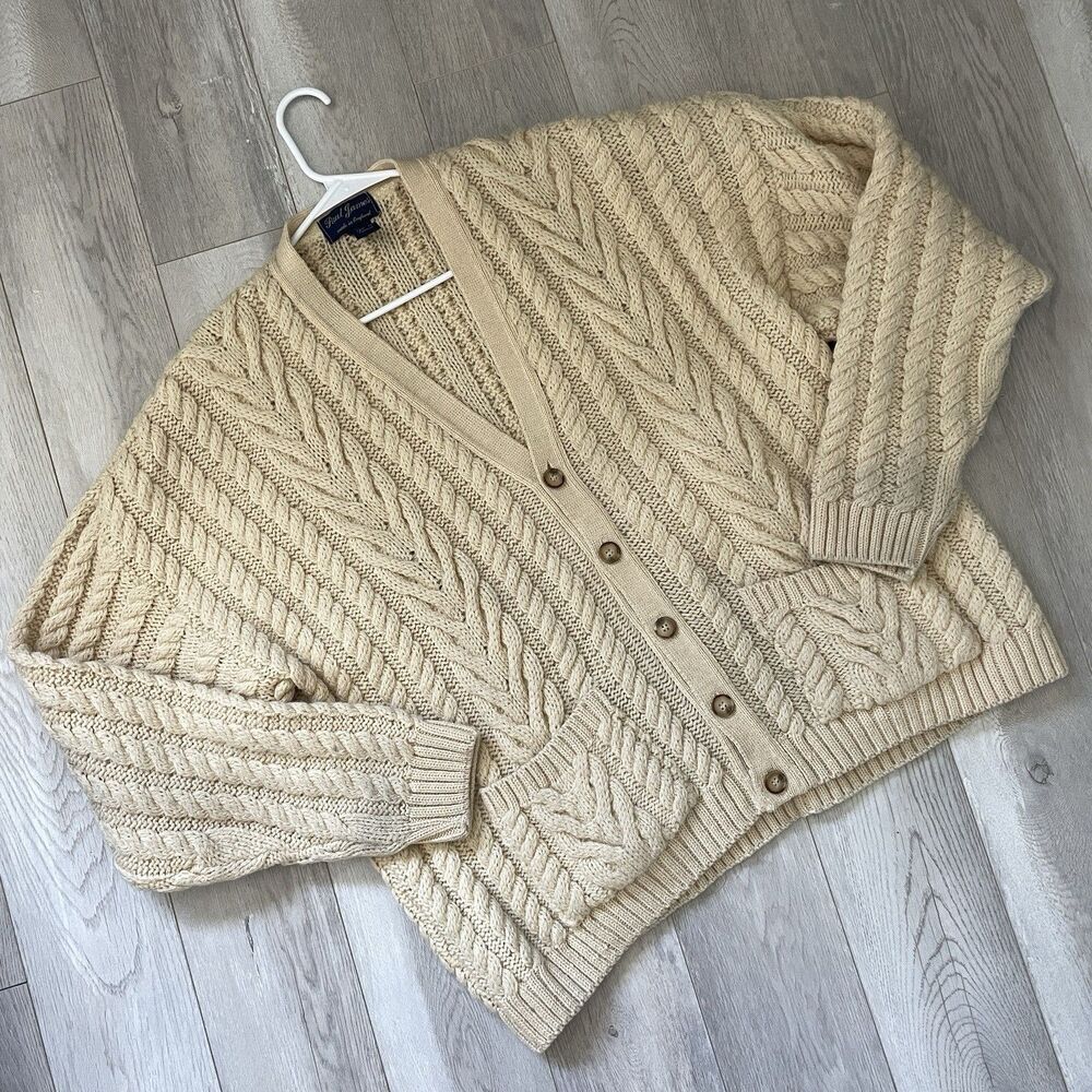 Fisherman Wool Cardigan paul james cable knit mens Cream (large) classic coastal